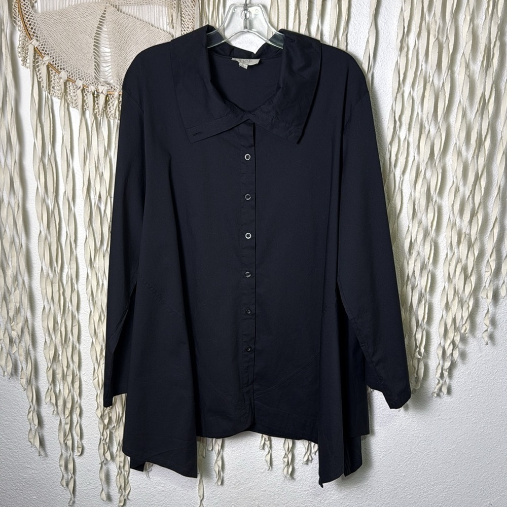 INAE Collection Lagenlook Black Tab Sleeve Wide Collar A-Line Tunic Top Large